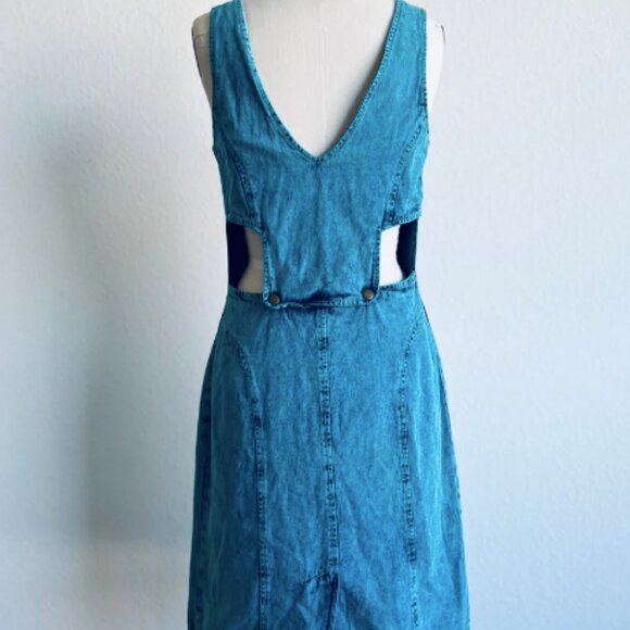 Vintage 80s Blue Turquoise Acid Wash Cutout Denim Dress - Picture 2 of 4